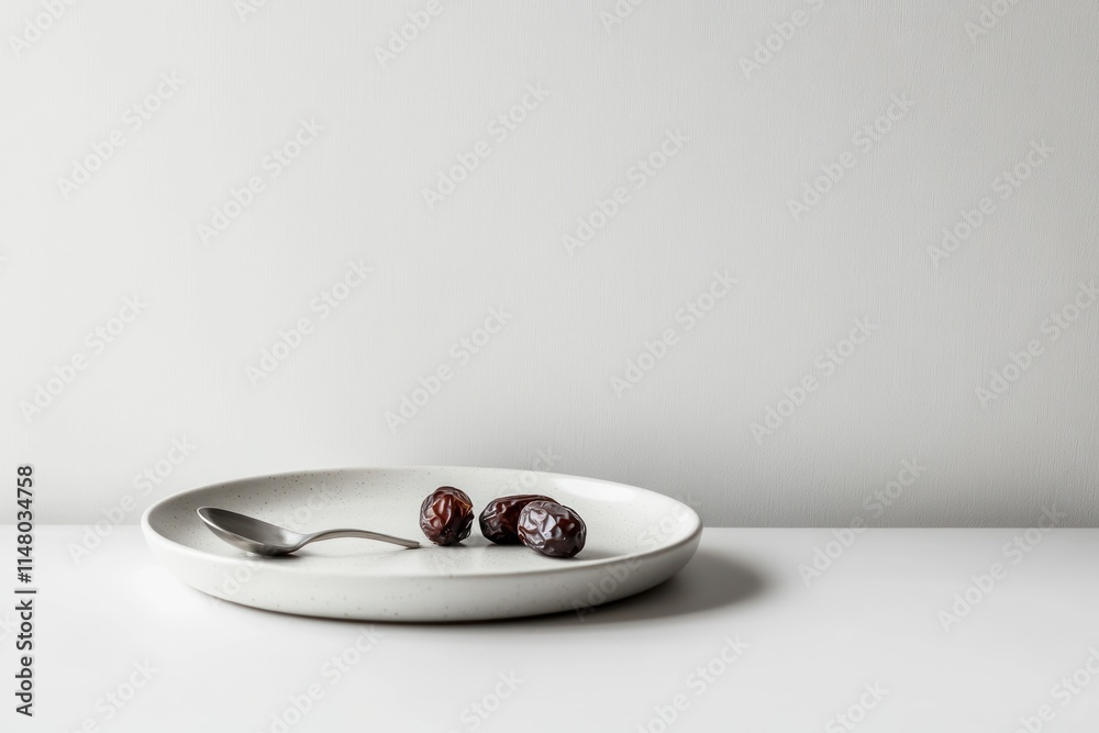 Poster three dates and a spoon on a plate against a simple white background.