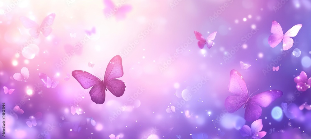 Aufkleber Purple butterflies float with soft bokeh background.