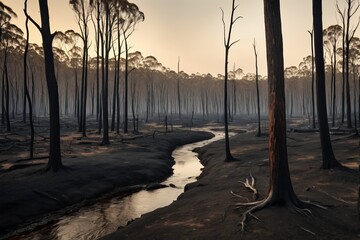 trees are burned in a forest with a stream running through it