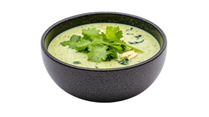 Fresh Green Soup with Herbs and Chicken in a Dark Bowl