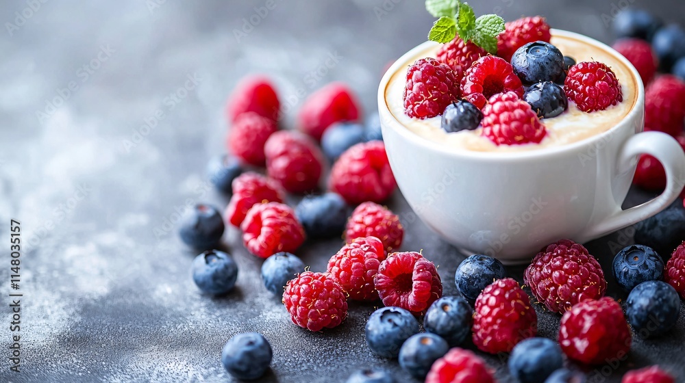 Poster table with protein-packed breakfast options including greek yogurt and mixed berries served with cof