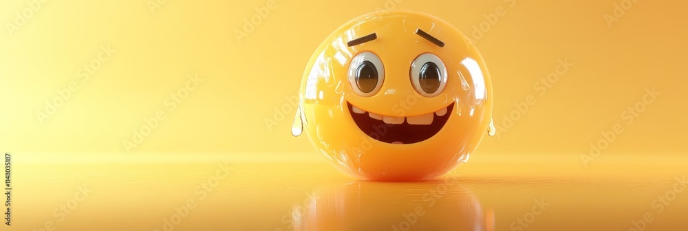 Poster glossy yellow emoji with smiling expression.