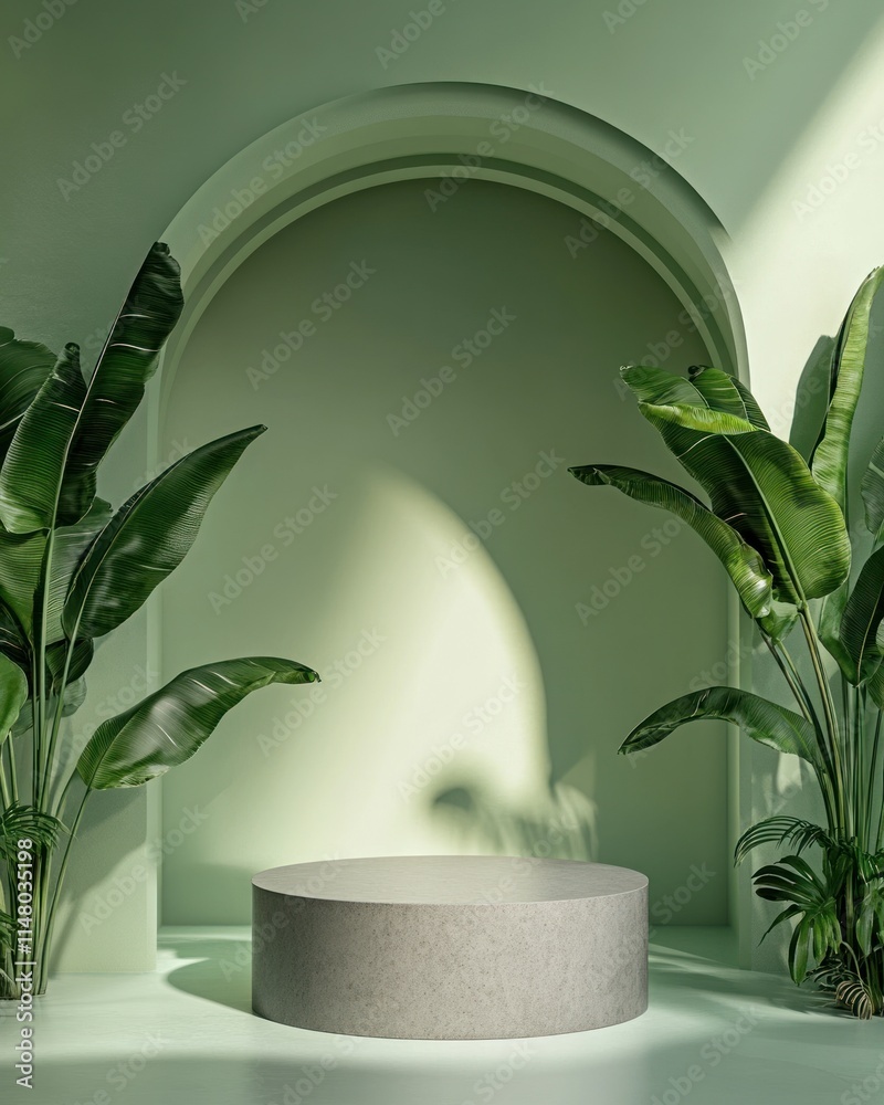 Poster green archway background with plants and circular platform.