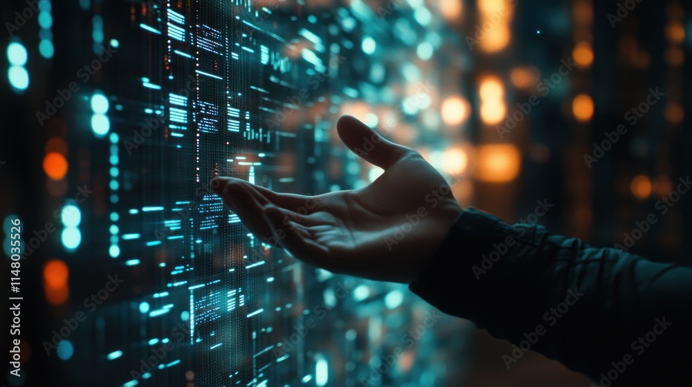 Poster hand reaching towards glowing data.