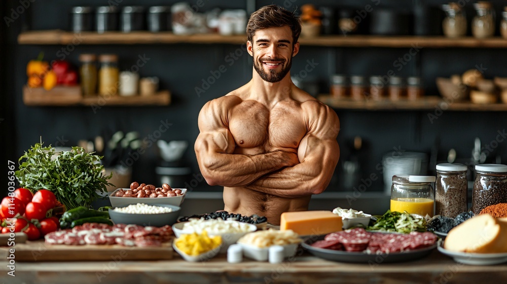 Poster bodybuilder flexing muscles post-workout with protein-rich meal options displayed on a nearby table 