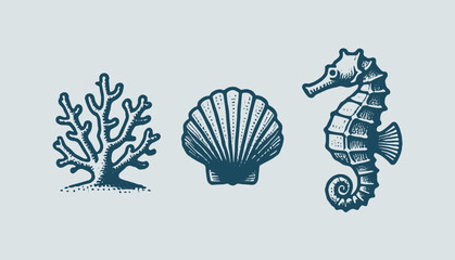 Vintage engraving style icons: coral, seashell, and seahorse in blue © Victoria