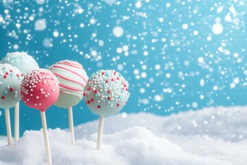 Colorful Cake Pops in Snowy Scene with Festive Winter Background