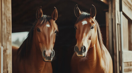  "Joyful Companions: Horses with Playful Expressions in the Stable"

