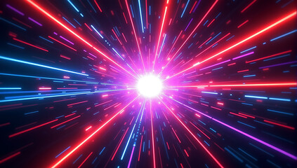 Neon futuristic flashes on black background. Motion light lines backdrop, Radial light burst, vibrant neon colors, dynamic energy rays, abstract cosmic explosion