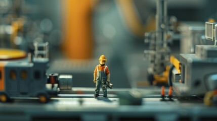 A close-up shot of a miniature worker standing amidst a detailed model of an industrial factory