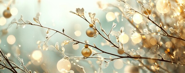 Soft ethereal winter background with frosted branches, golden ornaments, and bokeh lights, evoking a serene festive atmosphere with copy space