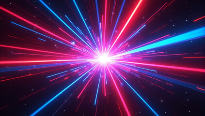 Fototapeta premium Neon futuristic flashes on black background. Motion light lines backdrop, Radial light burst, vibrant neon colors, dynamic energy rays, abstract cosmic explosion