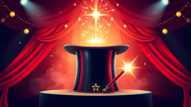 Circus magician top hat and magic wand trick with sparkling light, vector background. Circus show or funfair carnival poster with magician illusionist or wizard cylinder cap. Generative AI