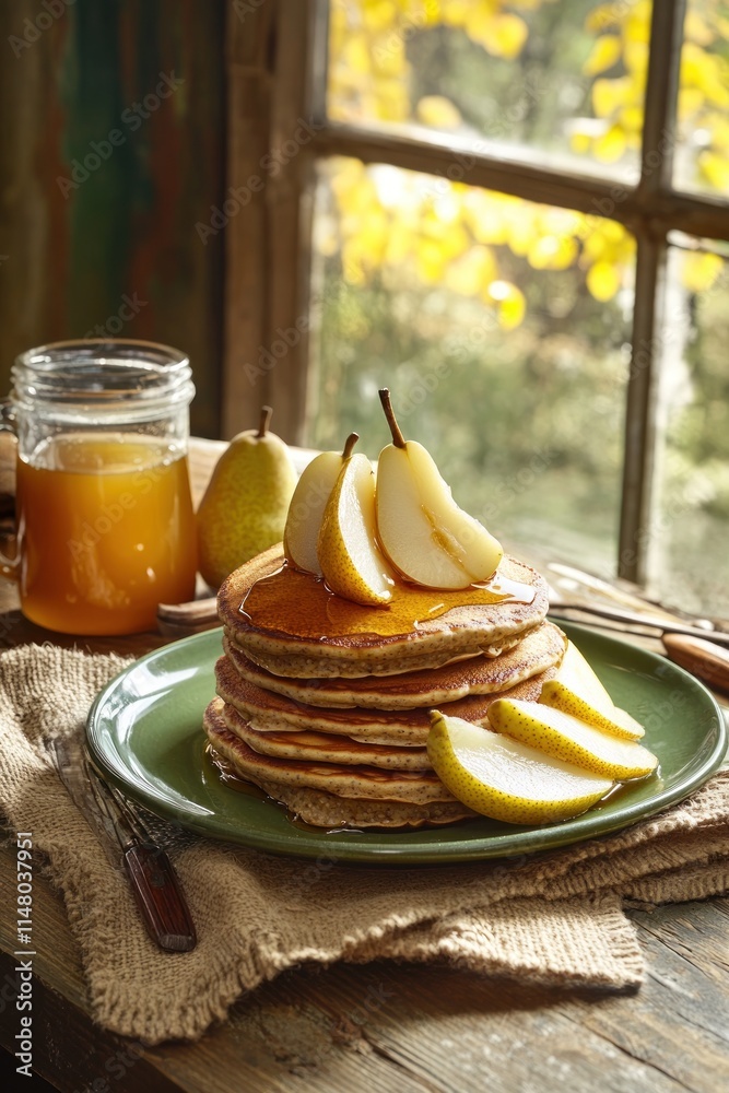 Poster stacked pancakes with pears and syrup next to window.