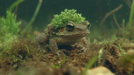 Obraz premium Aquatic Frog with Mossy Head in Underwater Habitat