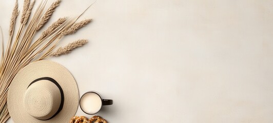 Fototapeta premium Enjoying a relaxing coffee moment with straw hat and dried plants on a calm surface