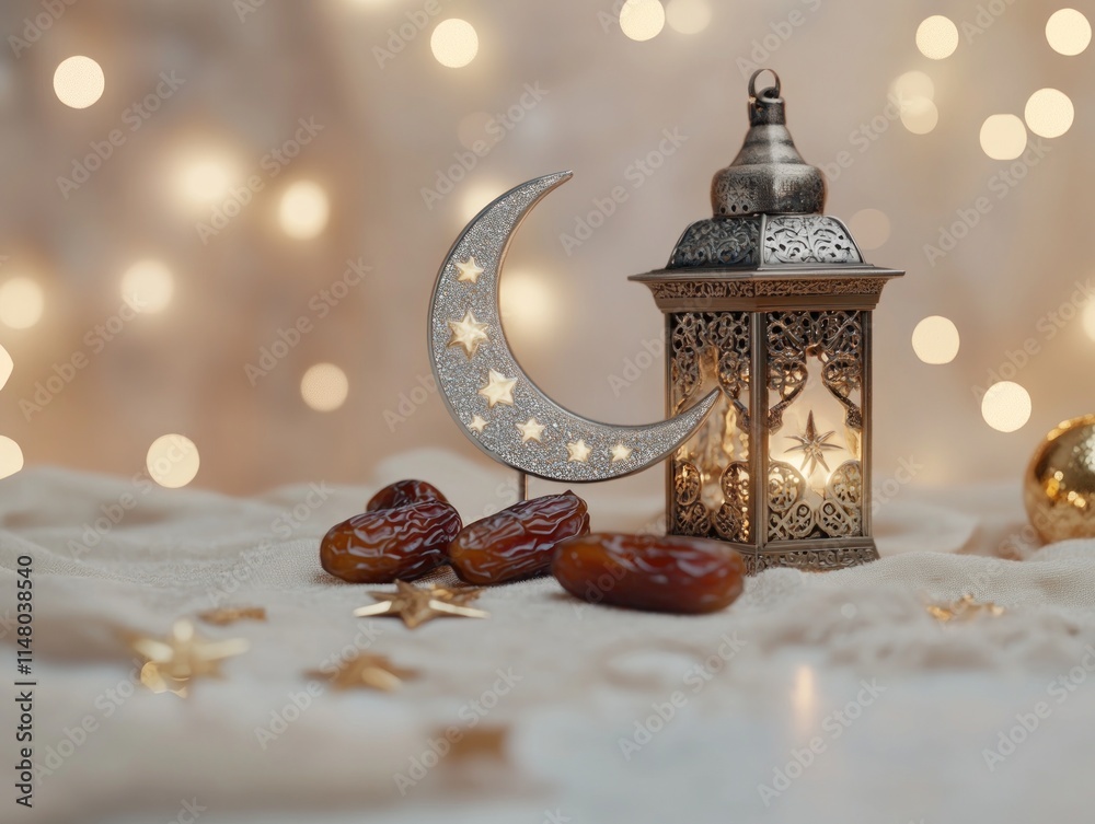 Poster ramadan still life with dates, crescent moon and lantern against blurred bokeh lights.