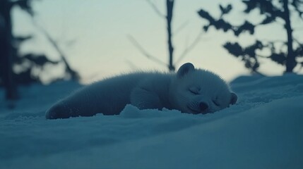 Fototapeta premium Arctic Fox Pup Sleeping Peacefully in Snowdrift