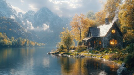 Fototapeta premium Cozy stone cottage, autumn lake, majestic mountains.