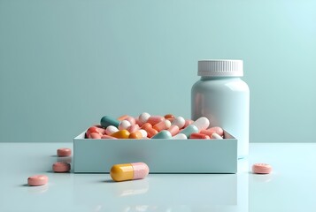 Pills and capsule. Medicine pill bottle and box