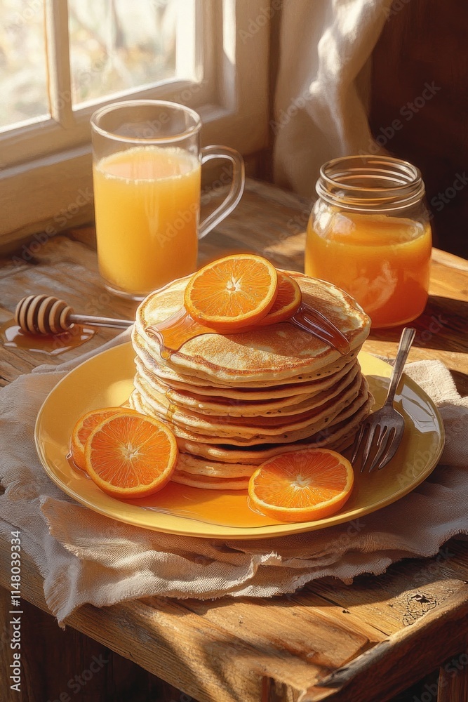 Poster pancakes topped with oranges and honey with juice and wooden table.