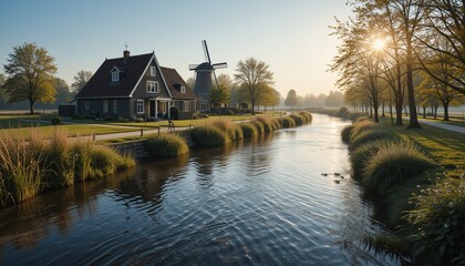 Photo of a view of a house with a windmill which is part of Dutch culture