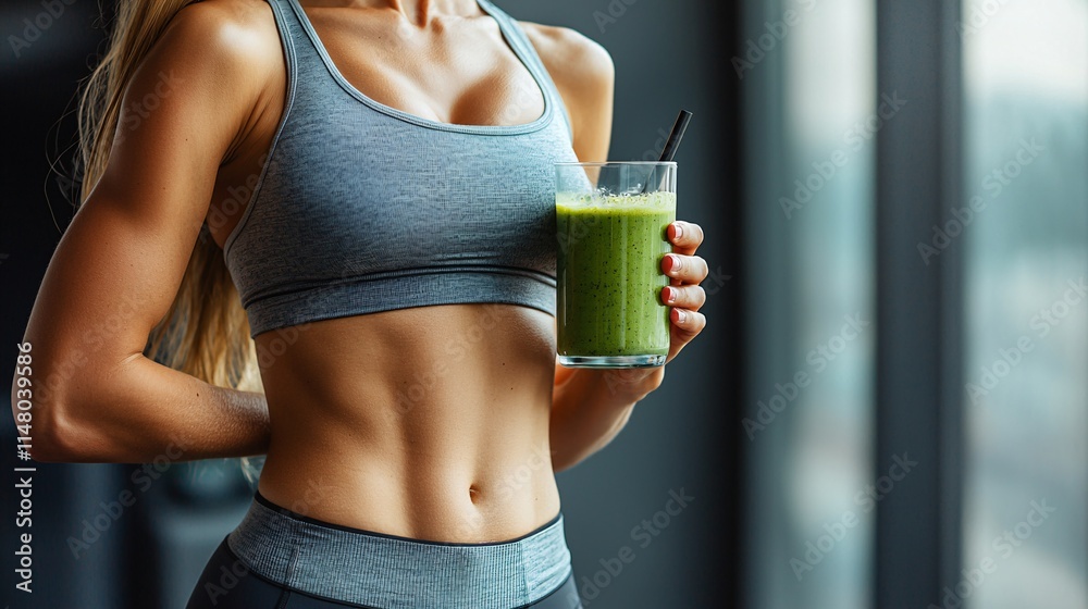 Poster Dynamic image of a healthy lifestyle featuring dumbbells a protein shake and a green smoothie Stock Photo with side copy space