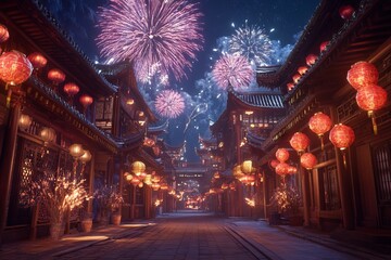 Chinese New Year Celebration: Fireworks Over Ancient Street with Lanterns and Traditional Architecture. AI generated illustration