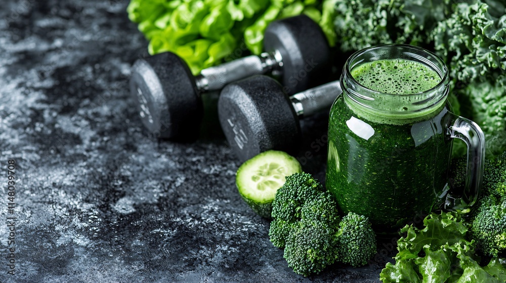 Poster dynamic image of a healthy lifestyle featuring dumbbells a protein shake and a green smoothie stock 
