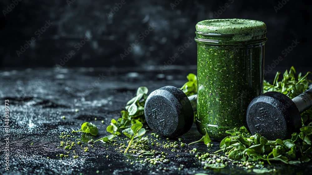 Poster dynamic image of a healthy lifestyle featuring dumbbells a protein shake and a green smoothie stock 