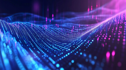 A technology background featuring flowing binary code and data streams in gradient blue and purple tones