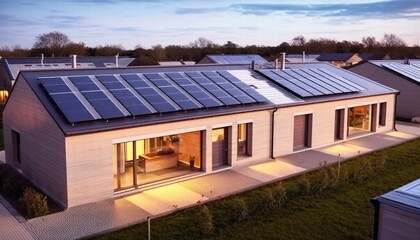 Fototapeta premium New energy-efficient building with solar panels showcasing modern architecture and sustainable design under a twilight sky