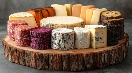 Assorted cheeses and salami arranged on a rustic wooden board.