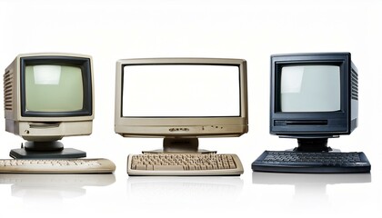Fototapeta premium Set of vintage desktop computers with blank screens, isolated on white background. Monitor with keyboard