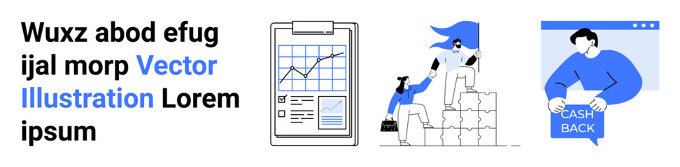 People interacting with graphs on clipboard, climbing blocks, receiving cashback. Ideal for marketing, business reports, teamwork, financial services, growth strategies, e-commerce, digital