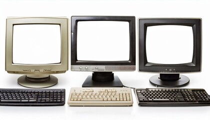 Fototapeta premium Set of vintage desktop computers with blank screens, isolated on white background. Monitor with keyboard
