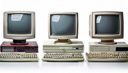 Fototapeta premium Set of vintage desktop computers with blank screens, isolated on white background. Monitor with keyboard