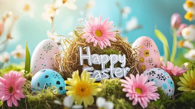 Happy Easter Decoration with Colorful Eggs and Flowers in Spring Setting