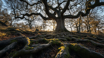 Majestic oak tree with intricate roots in a sunlit forest at dusk. 