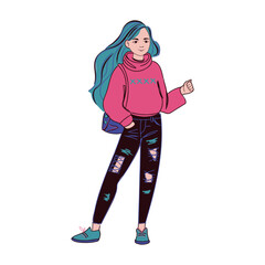 Young woman character wearing trendy modern outfit including jeans, hoodie, sneakers and backpack. Street fashion flat illustration isolated on white background.