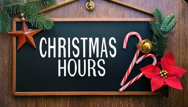 Generated image  a black signboard with white text Christmas Opening Hours and a candy cane decoration