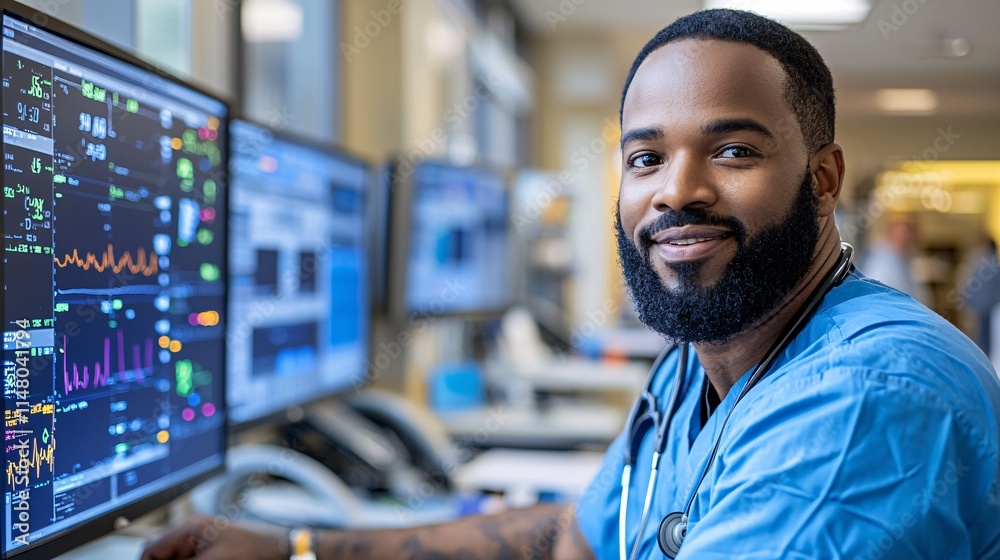 Poster close-up of a medical professional analyzing detailed patient data on a digital diagnostic screen in