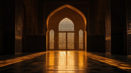 Arched window with light casting golden floor patterns.