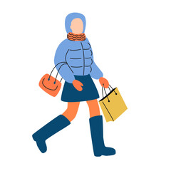 Woman im winter clothes with shopping bag. Vector flat illustration