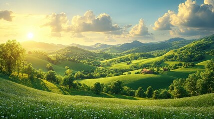 Obraz premium Sunlit rolling hills, green meadows, wildflowers.