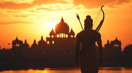 Lord Rama Silhouette with Bow and Arrow in Front of Ram Mandir at Sunset: A Glimpse of Indian Mythology. AI generated illustration