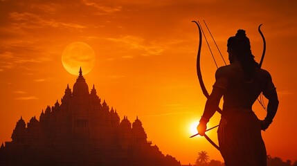 Lord Rama Silhouette with Bow and Arrow in Front of Ram Mandir at Sunset: A Glimpse of Indian Mythology. AI generated illustration