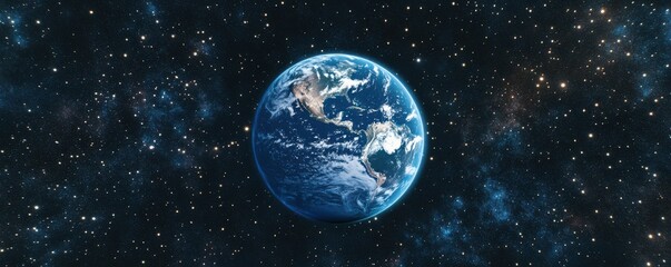 Obraz premium Space View: Stunning view of Earth from space, glowing blue atmosphere, stars in background, space exploration, realistic rendering