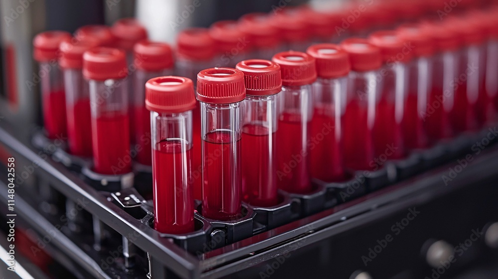 Poster Laboratory technician working with advanced automated equipment to process diagnostic blood samples Stock Photo with side copy space