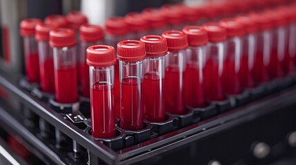 Laboratory technician working with advanced automated equipment to process diagnostic blood samples Stock Photo with side copy space